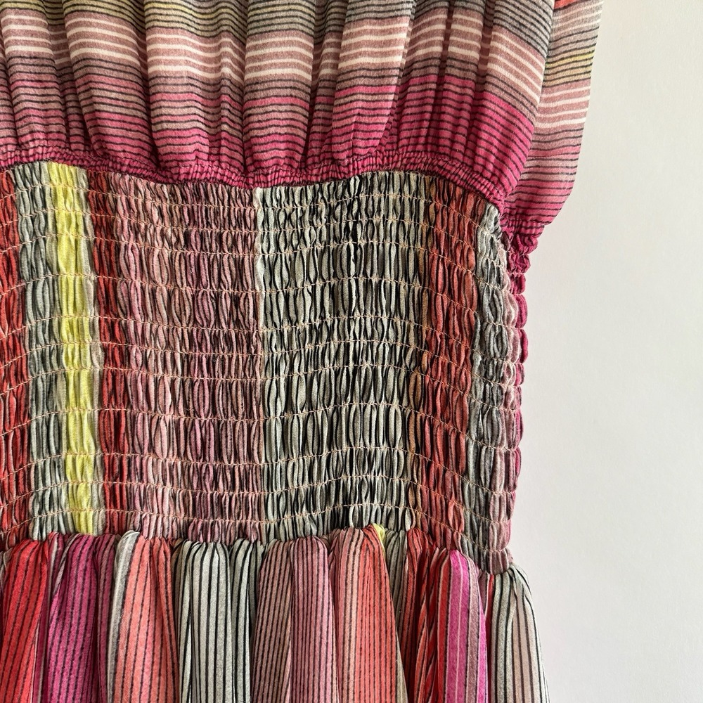 ecru Silk Sleeveless Pastel Rainbow Dress Small Smocked Waist Semi Sheer